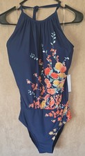 Calvin Klein Navy Floral Halter One Piece 4 W...
