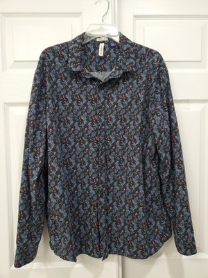 Men's XL Regular Button Up Long Sleeve Dress Shirt Blue/Black Floral Artefact