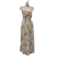 FAERIESTY Floral Ruffle Strapless Maxi Dress Chiffon Corset Waist L