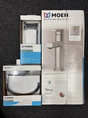 New Lot Moen Rinza Bathroom Sink Faucet (Chrome) 84627 Towel Ring & Paper Holder