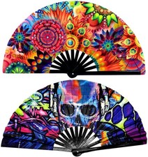 2 Pack Large Folding Rave Fan for Women/Men Holographic Festival Style-2
