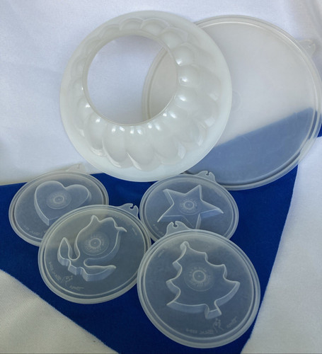Tupperware Round Jello Mold 8" & Inserts ~ Christmas Tree ~ Tulip ~ Star ~ Heart