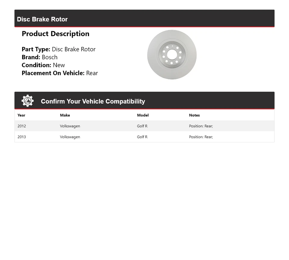For 2012-2013 Volkswagen Golf R Bosch QuietCast Disc Brake Rotor Rear - Imagem 2 de 4