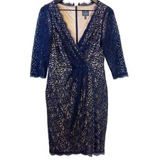 Adrianna Papell Size 8 Navy Blue Lace Sheath Stretchy Dress Knee Length