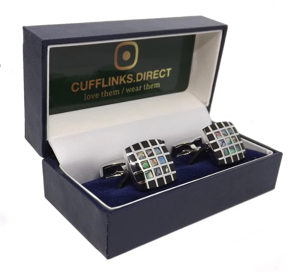 Coquille D'Ormeau & Onyx Noir à Carreaux Carré Hommes Cadeau Mariage Par Boutons - Photo 2/4
