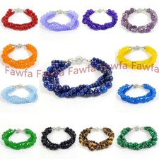 Natural 3 Strands 4mm 8mm Round Gems Beads Twisted Bracelet 7.5'' Magnetic Clasp