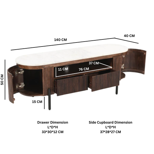 Jaxon Modern Wood 2 Drawers TV Cabinet With Marble Top & Metal Legs Living Room - Picture 6 of 6