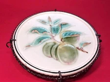Antique Majolica Grape or Gooseberry Round Tea Tile Trivet