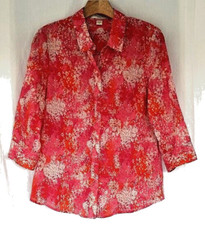 New 75 Coldwater Creek Small No Iron Cotton Botanical Floral Shirt 3/4 Slv Pink