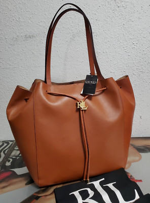 $395 Lauren Ralph Lauren Brown Leather Andie LARGE Drawstring