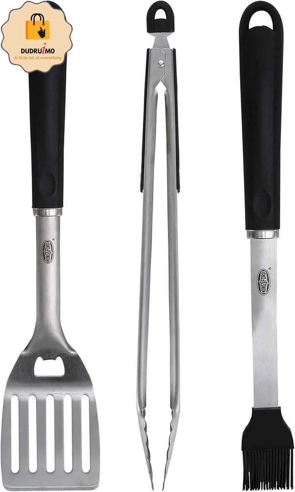 Stainless Steel 3 Piece BBQ Tool Set | BBQ Tongs, BBQ Basting Brush, and BBQ Spa