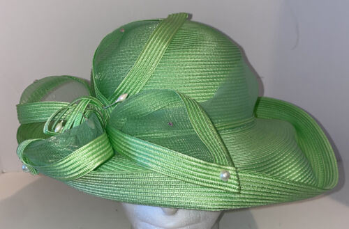 Mr. Hi’s Vintage Hat Green Wide Brim Lace Rhinestones