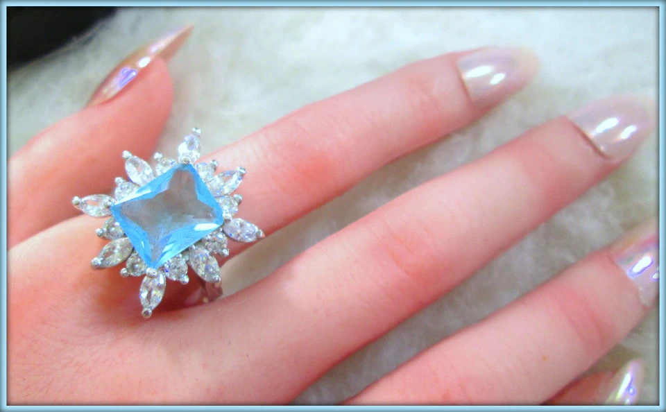 AQUAMARINE SEA BLUE GEMSTONE 18K GOLD FILLED LADIES UNIQUE RING SIZE 7 - Image 4 of 4