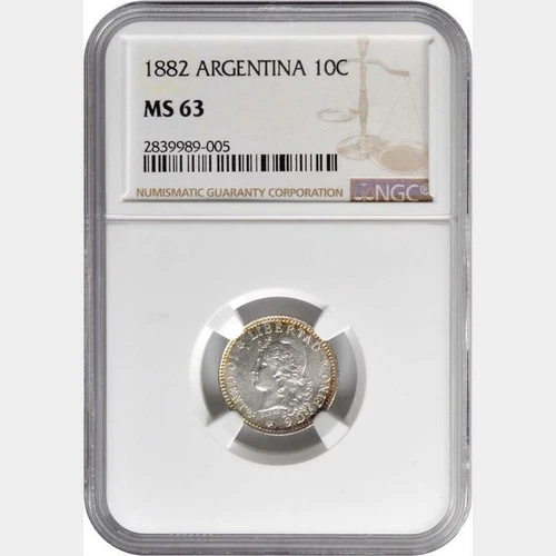 1882 Argentina 10 Centavos. NGC MS 63. KM-26