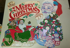 Vintage Christmas Decor 4 Cardboard Cutout DIE CUT Flocked Santa Tree Scroll
