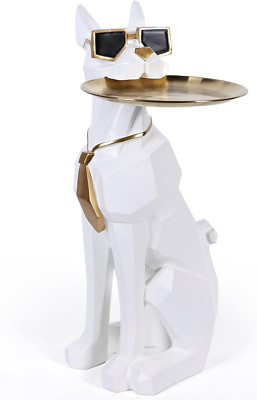 Modern Resin Dog Side Table with Tray - Unique Butler Statue Decor (White)
