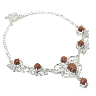 Red Goldstone Gemstone Handmade 925 Sterling Silver Jewelry Necklace Size 18''