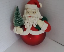 VTG Santa Ornament Red Glass Bottom Ceramic Head Beard Christmas Tree Toy Bag