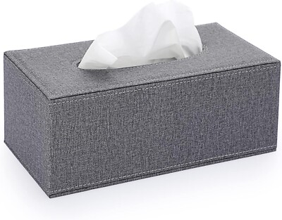 Grey Rectangular Linen Tissue Box Cover with Magnetic Bottom for Home or Office