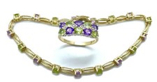 Vintage 9ct Yellow Gold Peridot - Amethyst - Diamond Link Bracelet & Ring Set 