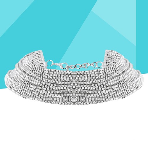 Collier Ras Du Cou Strass Et Paillettes - Frange Ajustable, Couleur Argenté, Pour Fête/soirée, Neuf Avec étiquettes