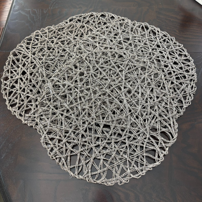 Round 15" Woven Gray Rope w Silver Metallic Placemats - Set of 4