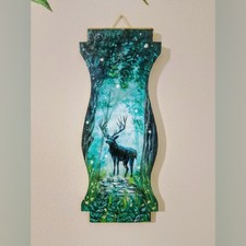 Quadro Su Legno Riciclato, Dipinto Di Foresta Con Cervo, Decorazione Natale