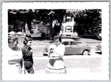 Vtg B&W Snapshot Three Women Fashion Skirt Dresses Vintage Car House 1950s