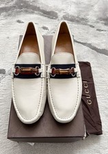 Authentic Gucci Web Silver Horsebit Cream Leather Mens Loafer US12.5 EU46 UK12G
