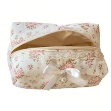 Cute Quilted Pink Bow Floral Makeup Bag Coquette Small Toiletry Purse for Wom...