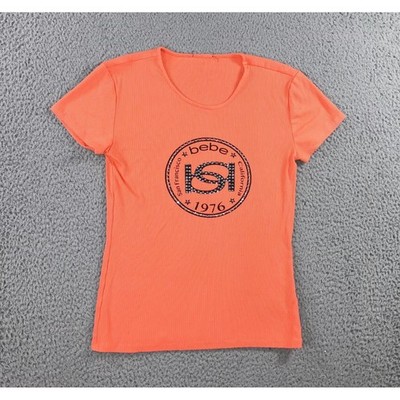 Bebe Graphic Tee Women S Orange Rhinestone Logo Ribbed S/S y2k Bling Retro