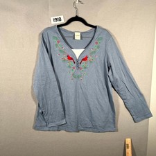 Blair Henley Shirt Women Large Blue Cotton Cardinal Bird Embroidered Long Sleeve