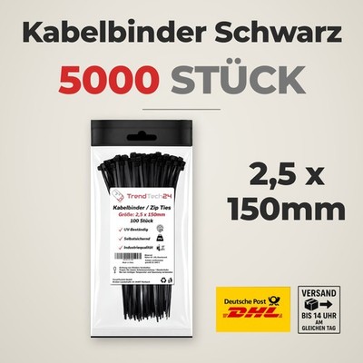 Kabelbinder Schwarz 2,5x150mm 5000 Stück UV-beständig Nylon 6.6 Industrie
