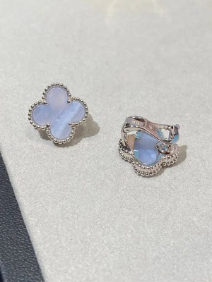 VCA Vintage Alhambra Earrings Chalcedony 1 Motifs 18K White Gold Clover