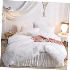 Faux Fur Comforter Cover Set, Fuzzy Bedding Set 2 Pieces 1 Fluffy Twin White