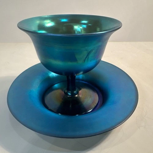 Antique Carder Era Steuben Blue Aurene Sherbet Cup Underplate #2680 Excellent