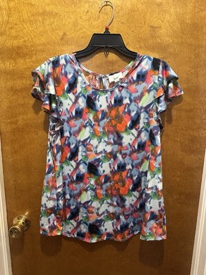 Fyve colorful abstract flowy short sleeve blouse size L women s blouse