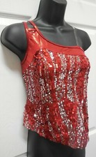 Red Silver Sequins Sheer Asymmetrical One Shoulder Top Unfinished Medium Child