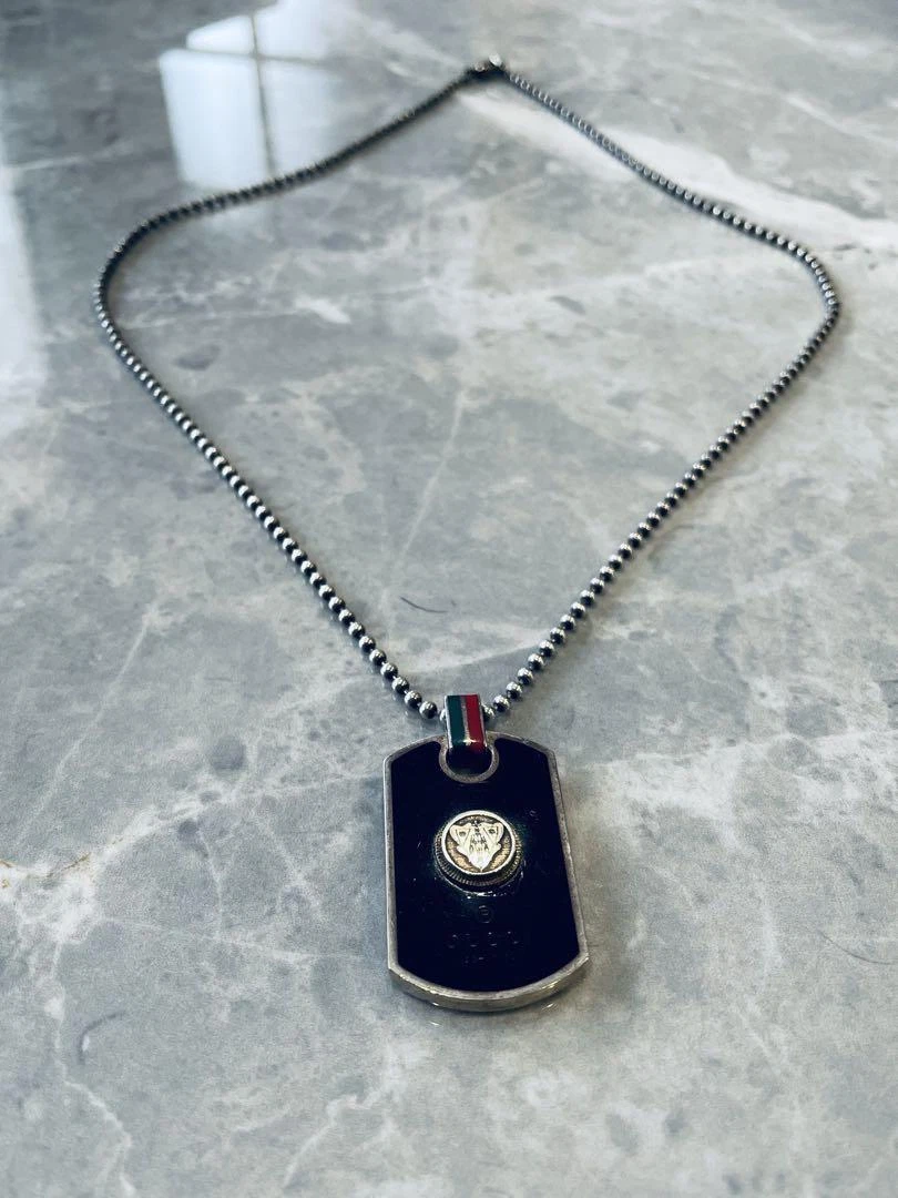 GUCCI Dog Tag Collier Pendentif Chaîne Boule Unisexe Noir Argent Bijoux Auth