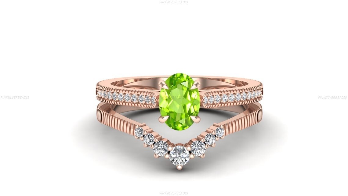 Victorian Peridot Diamond Engagement Ring Set in 14k Gold Jewelry-image