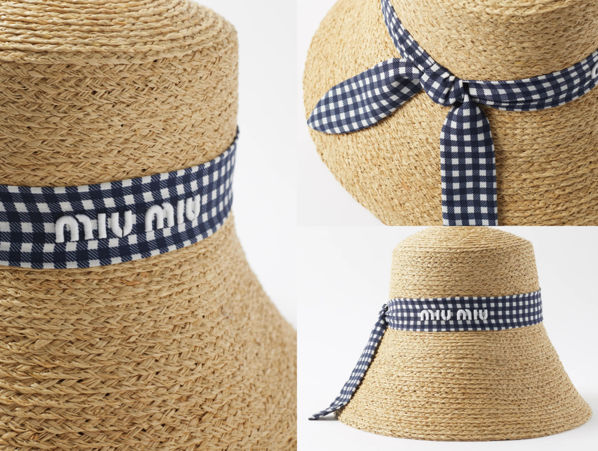 【関税&送料込】Miu Miu Raffia Hat Miu Miu Gingham Fisherman Hat Raffia Bucket Hat Rustic With