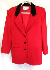 Vtg. Oleg Cassini Women's 10 M Red Wool Blazer Coat, Satin Lined, Black Velvet