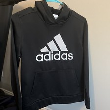 Adidas boys three stripe Logo black sweatshirt hooded Front Pockets EUC