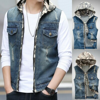 Herren Kapuzen Distressed Jeans Weste Zerrissen Jacke Gilet Weste