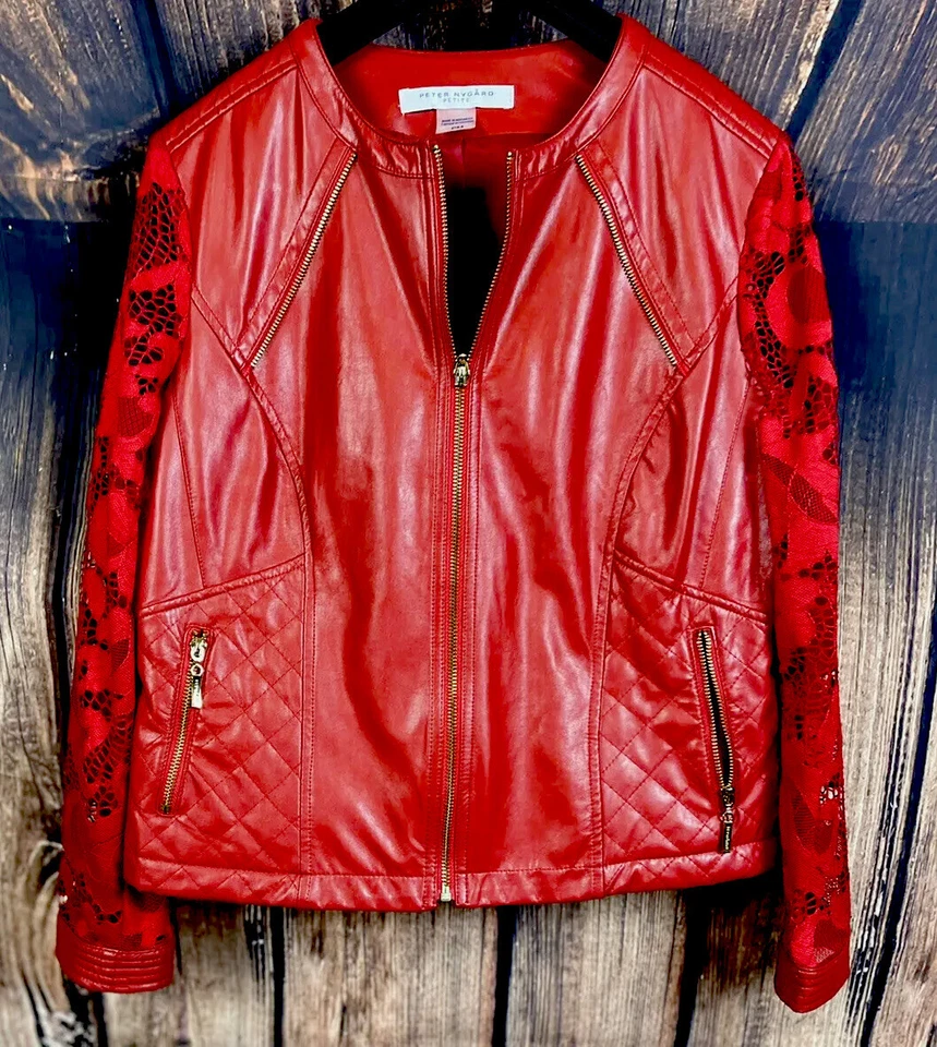 CHAQUETA PETER NYGARD MUJER ROJA IMITACIÓN CUERO Y ENCAJE FLORAL CREMALLERA COMPLETA TALLA P MED Foto 2 de 4