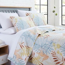 Queen Quilt Set Tropical Leaf Beachy Botanical Island Breezy Lightweight 3pc New