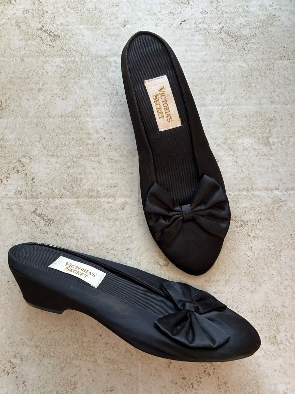 PANTOFOLA D’ORO Scarpa pantofola vintage Victoria’s Secret G Label Westgate raso fiocco nero boudoir