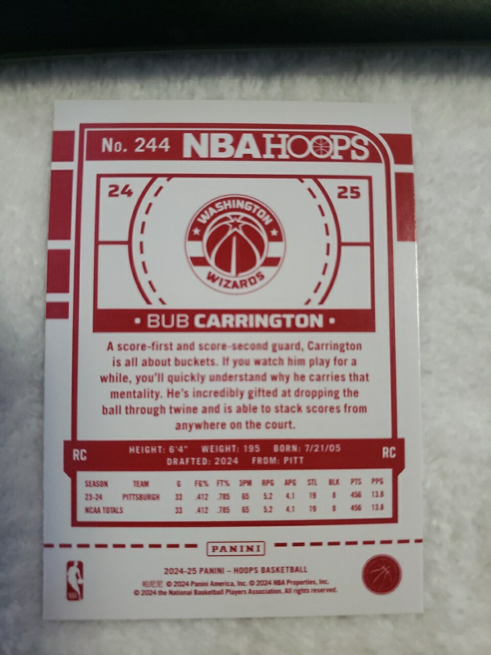 2024-25 Panini NBA Hoops RC #244 Bub Carrington Red Back SP Washington Wizards
