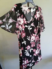 Connected Apparel Dress Black Sheath Floral Stretchy Ruffle Chiffon Sleeve $69