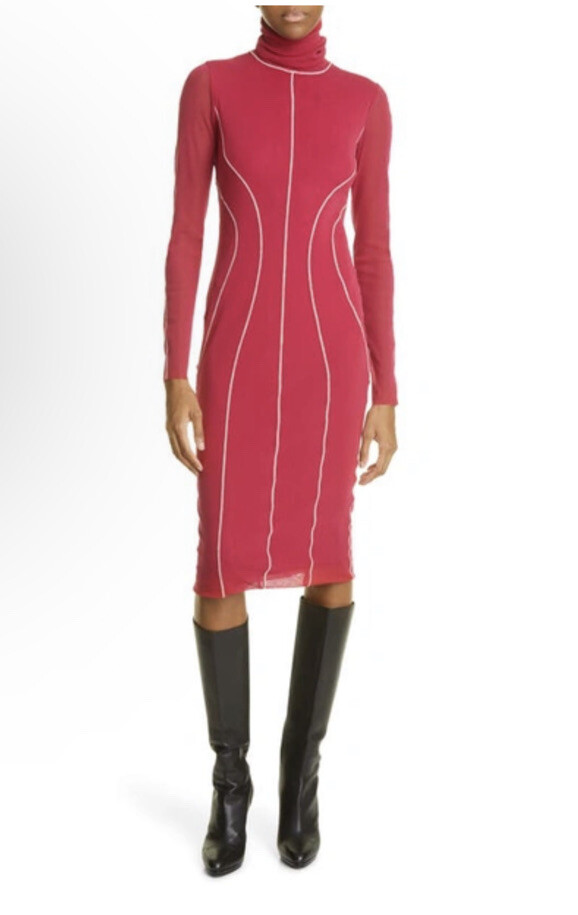 FUZZI Abito Long Sleeve Turtleneck Sheath Mesh Dess in Passione Size S